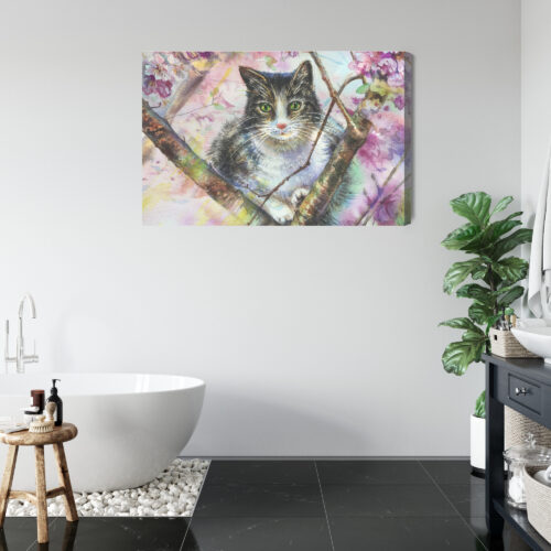 Obraz na płótnie Kot na Gałęzi w Kwiatach Akwarela  Premium Canvas - obrazek 5