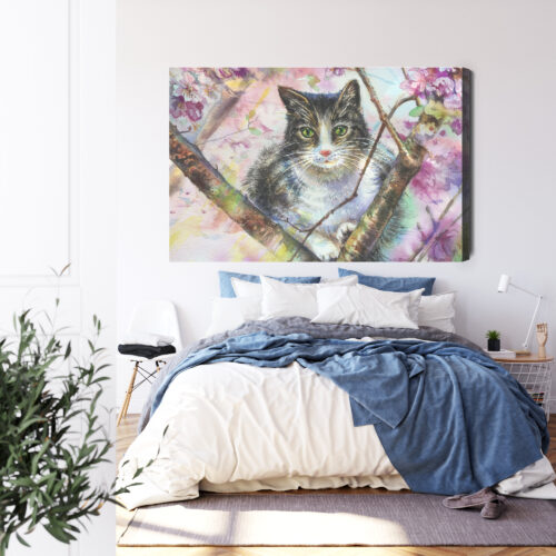 Obraz na płótnie Kot na Gałęzi w Kwiatach Akwarela  Premium Canvas - obrazek 3