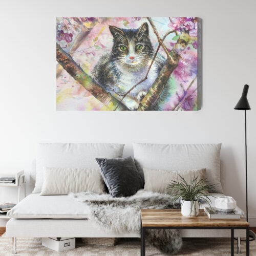 Obraz na płótnie Kot na Gałęzi w Kwiatach Akwarela  Premium Canvas - obrazek 4