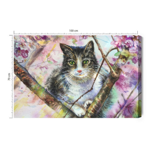 Obraz na płótnie Kot na Gałęzi w Kwiatach Akwarela  Premium Canvas