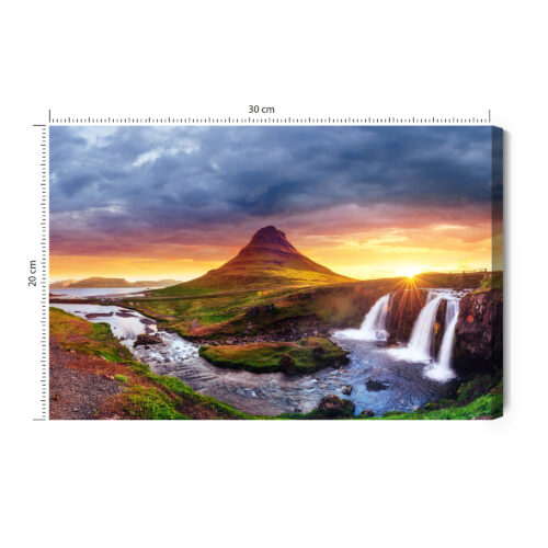 Obraz na płótnie Góra Wodospad Islandia Zachód słońca  Premium Canvas