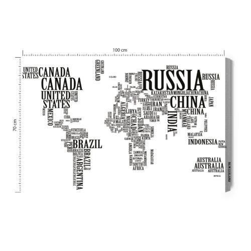 Obraz na płótnie Mapa Świata Typograficzna Czarno-biała  Premium Canvas
