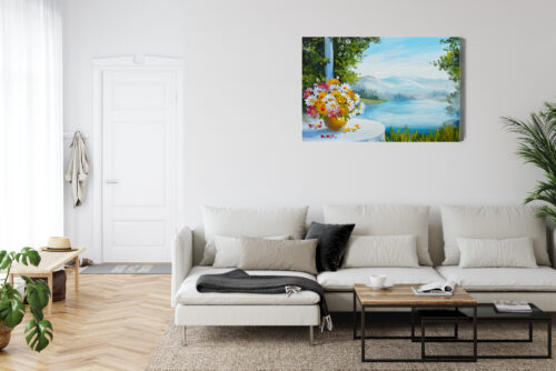 Obraz na płótnie Kwiaty pejzaż z jeziorem Premium Canvas - obrazek 6