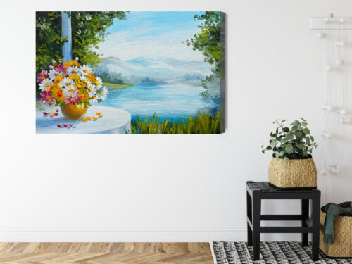 Obraz na płótnie Kwiaty pejzaż z jeziorem Premium Canvas - obrazek 8