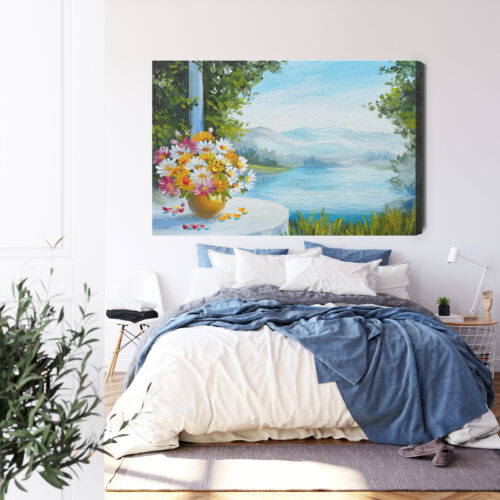 Obraz na płótnie Kwiaty pejzaż z jeziorem Premium Canvas - obrazek 3