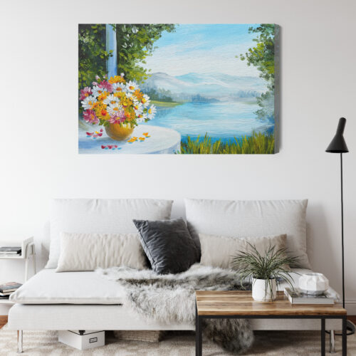 Obraz na płótnie Kwiaty pejzaż z jeziorem Premium Canvas - obrazek 4