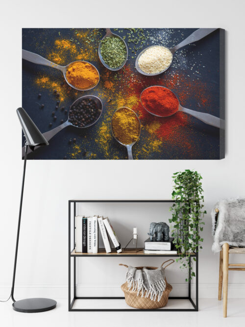 Obraz na płótnie Kuchnia Przyprawy w łyżkach na czarnym tle Premium Canvas - obrazek 9