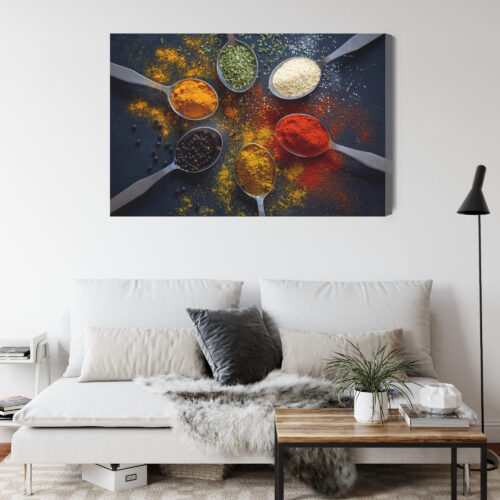 Obraz na płótnie Kuchnia Przyprawy w łyżkach na czarnym tle Premium Canvas - obrazek 4