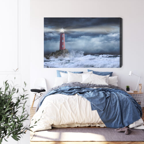 Obraz na płótnie Latarnia Burzowe morze i błyskawice Premium Canvas - obrazek 3