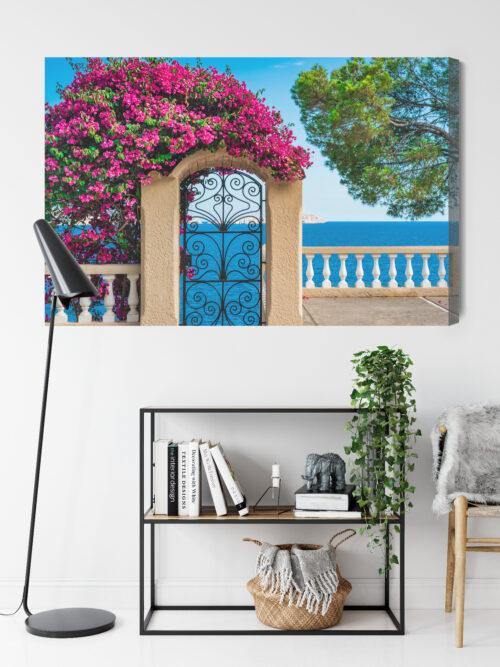 Obraz na płótnie Architektura Brama z widokiem na morze i kwiaty Premium Canvas - obrazek 9