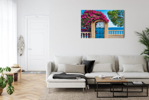 Obraz na płótnie Architektura Brama z widokiem na morze i kwiaty Premium Canvas - obrazek 6