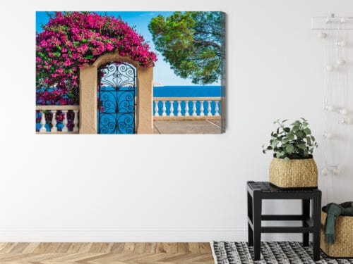 Obraz na płótnie Architektura Brama z widokiem na morze i kwiaty Premium Canvas - obrazek 8