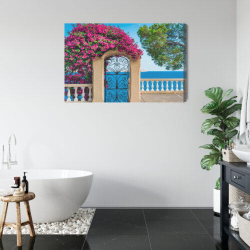 Obraz na płótnie Architektura Brama z widokiem na morze i kwiaty Premium Canvas - obrazek 5