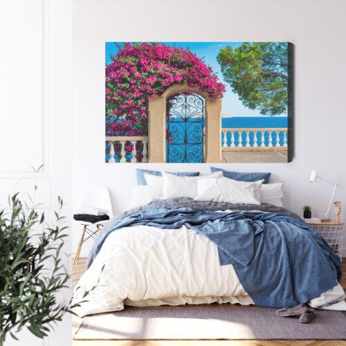 Obraz na płótnie Architektura Brama z widokiem na morze i kwiaty Premium Canvas - obrazek 3