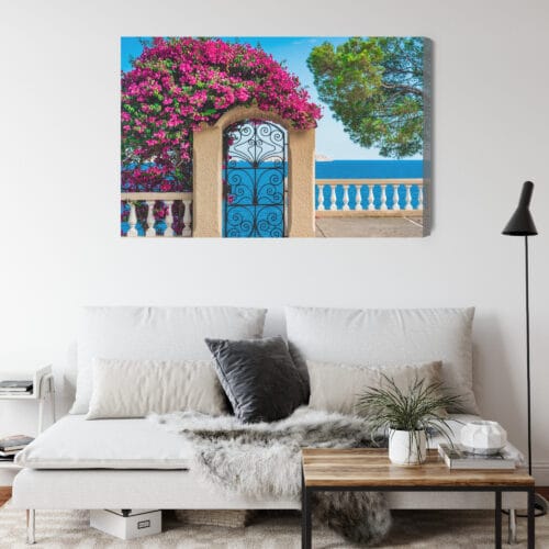 Obraz na płótnie Architektura Brama z widokiem na morze i kwiaty Premium Canvas - obrazek 4