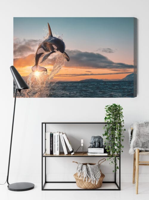 Obraz na płótnie Natura Skaczące orki nad oceanem o zachodzie Premium Canvas - obrazek 9