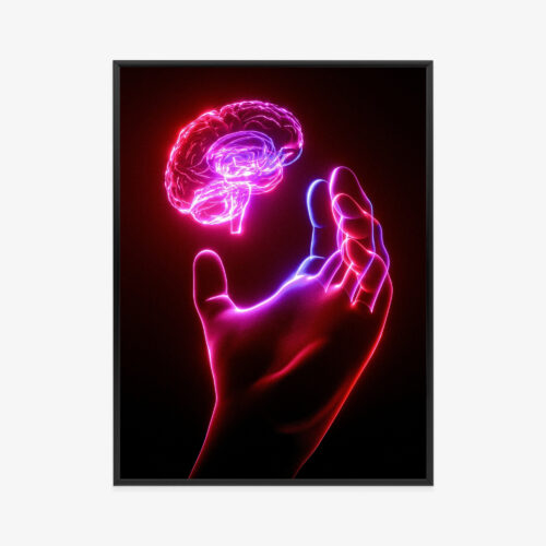 Plakat w ramie Mózg Neon Ręka i umysł Premium