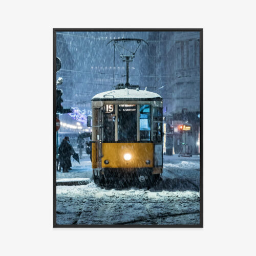 Plakat w ramie Tramwaj Miejski Zima Śnieg Premium