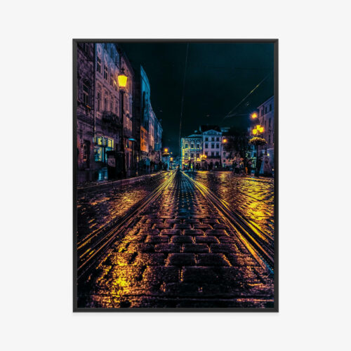 Plakat w ramie Nocna Ulica Deszczowy Klimat Premium