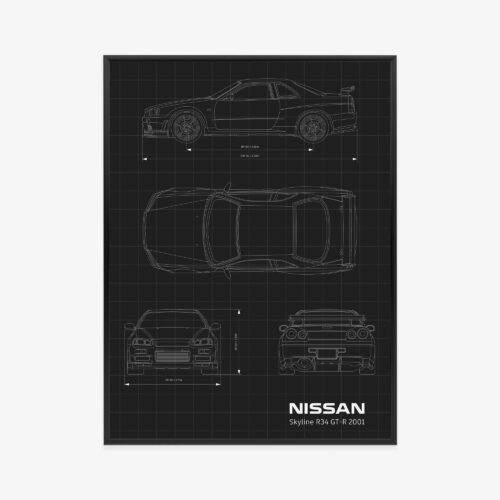Plakat w ramie Nissan Skyline R34 GT-R Rysunek Techniczny Premium