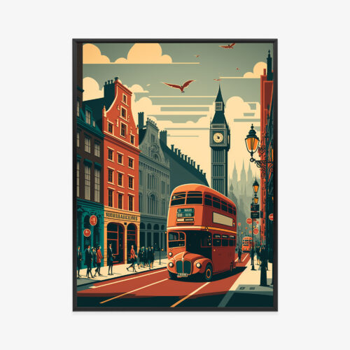 Plakat w ramie Londyn Retro Big Ben czerwony autobus Premium