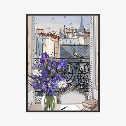Plakat w ramie Wieża Eiffla Ilustracyjny Paryski balkon Premium