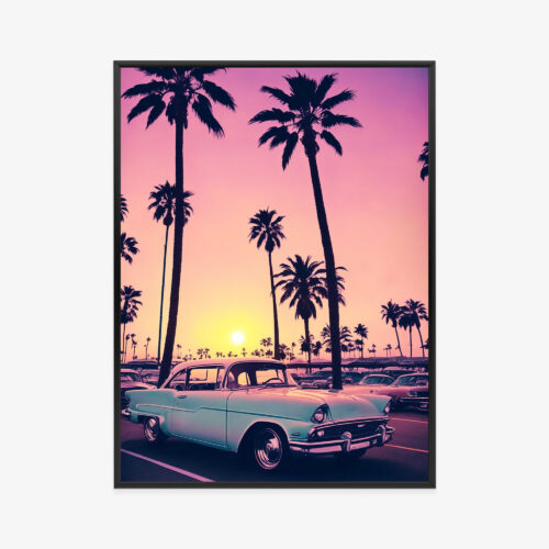 Plakat w ramie Palmy Retro Stylizowany zachód słońca Premium