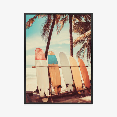 Plakat w ramie Surfing Retro Palmy i deski na plaży Premium