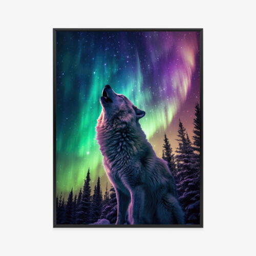 Plakat w ramie Wilk Fantasy Zorza polarna Premium