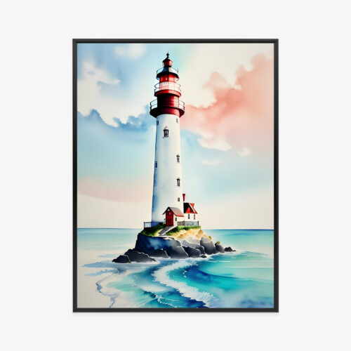 Plakat w ramie Latarnia Morska Wybrzeże i fale Premium