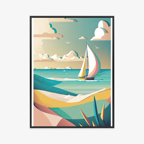 Plakat w ramie Żaglówka Morze Styl retro wakacje Premium