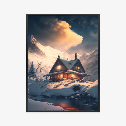 Plakat w ramie Chatka Zima Górski pejzaż nocą Premium