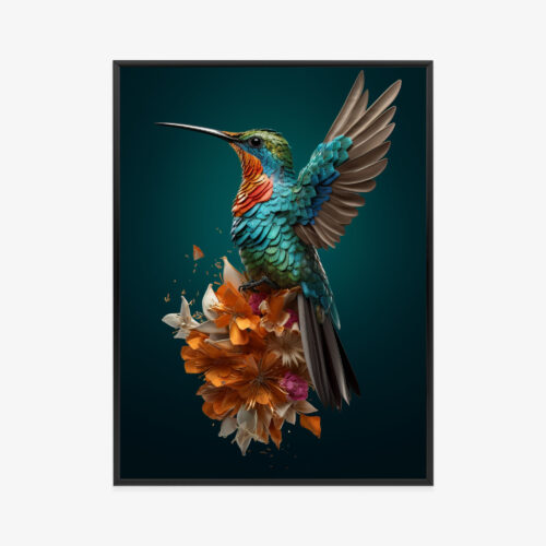 Plakat w ramie Koliber Kwiaty Dynamiczna kompozycja Premium