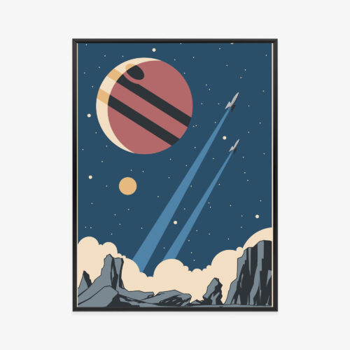 Plakat w ramie rakiety Retro Start z planety Premium