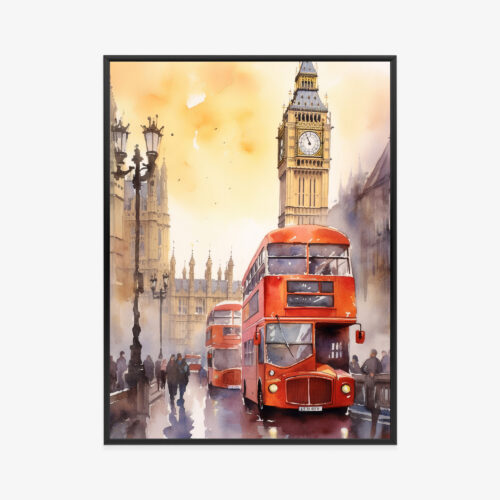 Plakat w ramie Londyn Akwarela Czerwone autobusy i Big Ben Premium