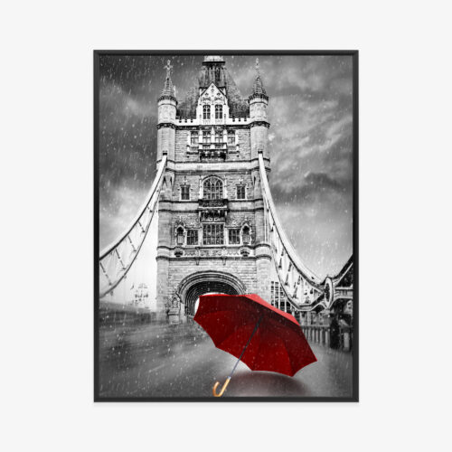 Plakat w ramie Londyn Most Deszcz parasol czerwony Premium