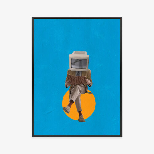 Plakat w ramie surrealizm człowiek z monitorem głowy Premium