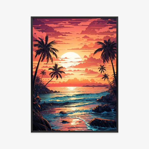 Plakat w ramie zachodzącego słońca na plaży z palmami Premium