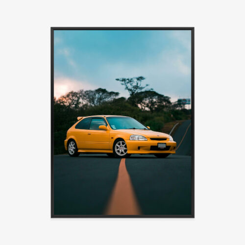 Plakat w ramie żółtego sportowego auta na drodze Premium
